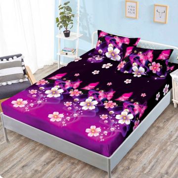 Cearsaf cu elastic Bumbac FINET 160x200cm 2 fete de perne 50x70cm Negru Mov Flori – confort și eleganță pentru patul tău