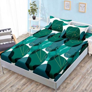 Cearsaf cu elastic Bumbac FINET 160x200cm 2 fete de perne 50x70cm Verde Abstract – confort și eleganță pentru patul tău