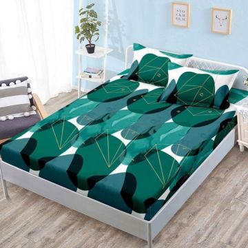 Cearsaf cu elastic Bumbac FINET 160x200cm 2 fete de perne 50x70cm Verde abstract