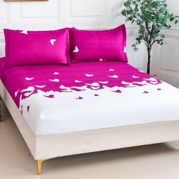 Cearsaf cu elastic Bumbac Satinat 160/180x200cm 2 fete de perne 50x70cm Alb-Fuchsia fluturi