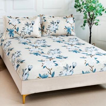 Cearsaf cu elastic Bumbac Satinat 160/180x200cm 2 fete de perne 50x70cm Crem-Bleu flori