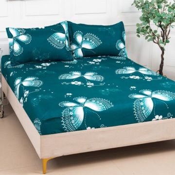 Cearsaf cu elastic Bumbac Satinat 160/180x200cm 2 fete de perne 50x70cm Turquoise fluturi